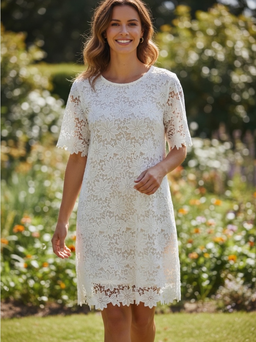 Women's White Floral Lace Midi Dress
